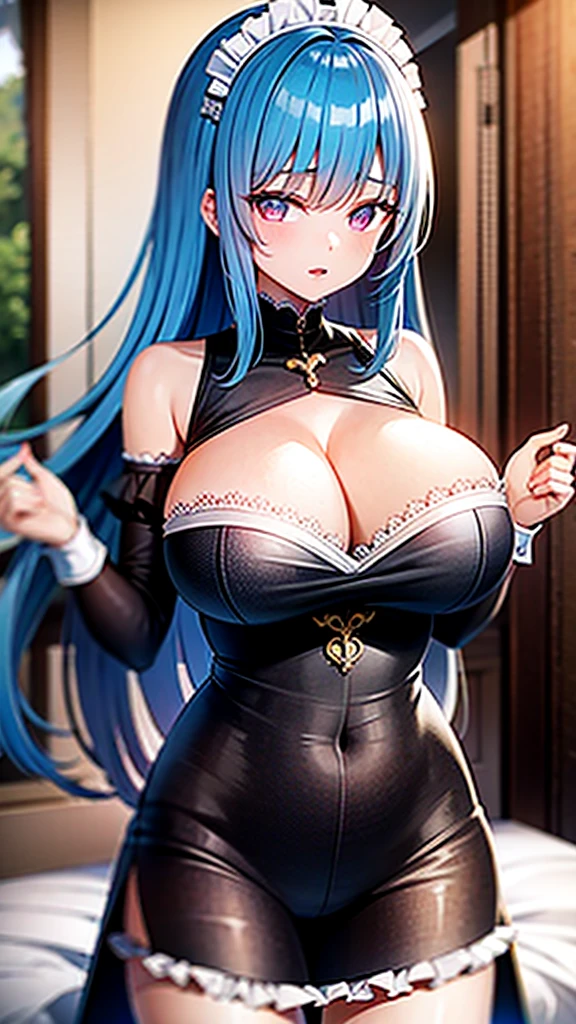 Android Girl, Girl extremely beautiful, pink eyes, long hair, blue hair, extremely huge breasts, slim waist, maid outfit, perfect face.