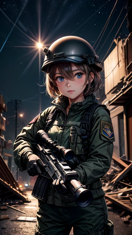 high quality, High-resolution images, Full HD、8k.A young girl with short chestnut hair, wearing a US military uniform and a helmet pulled down low on her head., He has a rifle.、Late night city, Put on a night scope,Binoculars night vision scope, Pitch black. The light from the night scope is green.,,(Shooting a gun from the rubble),((Lower the night scope to your eye,))