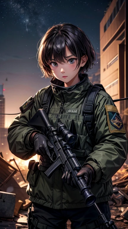 high quality, High-resolution images, Full HD、8k.A young girl with short chestnut hair, wearing a US military uniform and a helmet pulled down low on her head., He has a rifle.、Late night city, Put on a night scope,Binoculars night vision scope, Pitch black. The light from the night scope is green.,,(Shooting a gun from the rubble),((Lower the night scope to your eye,))