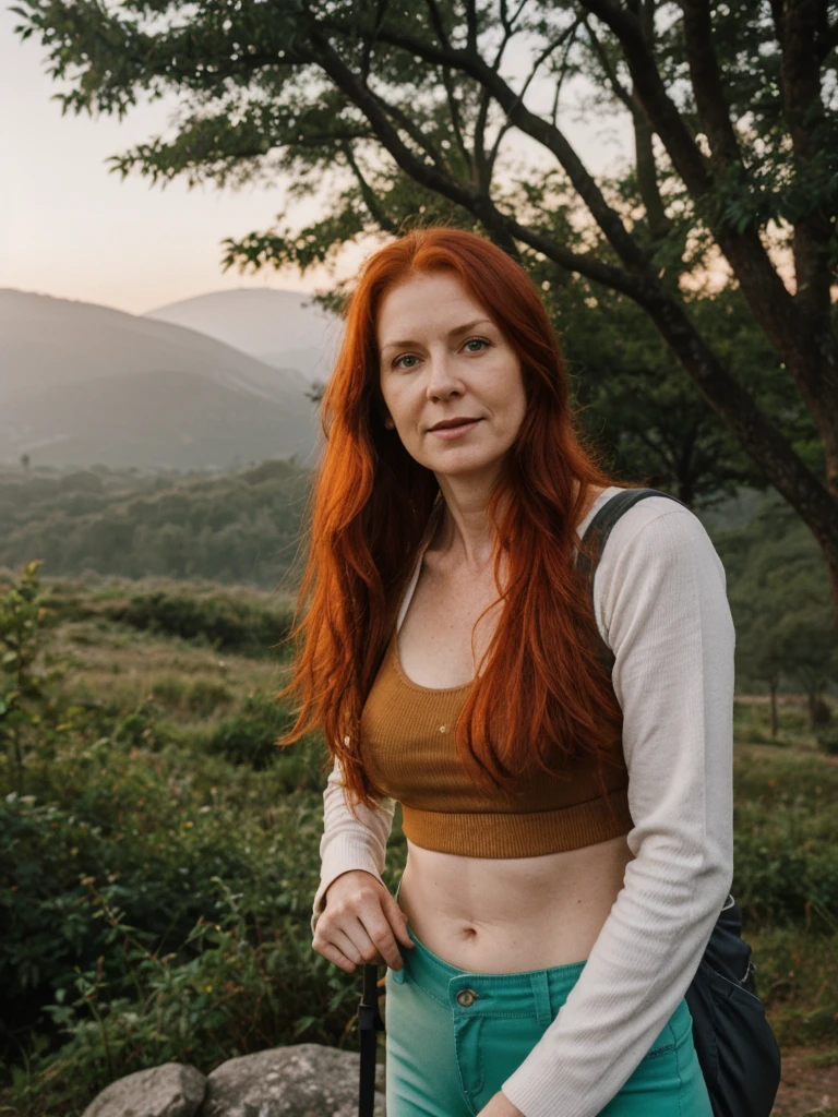 portrait, her name is Mia, high quality, 1 old woman, ((40-year-old guitar shaped body irish woman)), (((40 years old))), ((guitar shaped body)), wide hips, (wrinkled body), (old body), (((red hair))), (pale skin), ((green eyes)), she is wearing a sports bra and leggings, arms down dynamic pose, BREAK, BACKGROUND: outdoor:  mountain hiking trail at dawn, misty path, cool air, soft light, backpacks