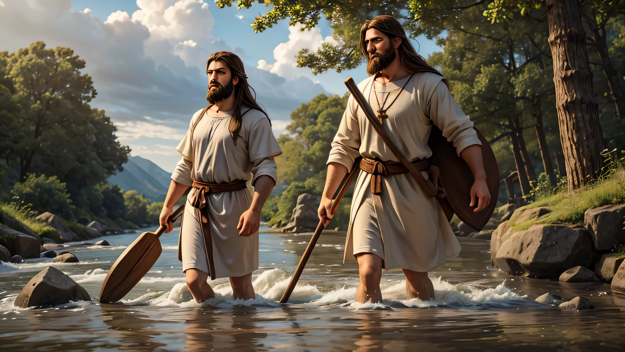 Créez une image ultra-réaliste de Saint Christophe, représenté comme un grand, homme fort avec une barbe noire et des cheveux longs. Il doit traverser une rivière peu profonde, tenant un grand bâton en bois dans une main et portant l'enfant Jésus sur ses épaules. Saint Christophe doit être vêtu d'une simple tunique, Marron ou beige, qui semble lourd et humide de la rivière. L'enfant Jésus doit être représenté comme un petit, serein , avec des cheveux clairs et une expression calme, porter une robe blanche. La scène doit être à l'aube ou au crépuscule, avec doux, Lumière naturelle, et l'arrière-plan doit inclure un décor naturel avec des arbres et un ciel légèrement nuageux. L'image doit capturer l'effort de Saint Christophe lors de la traversée de la rivière et la tranquillité de l'enfant Jésus.. La composition doit transmettre un sentiment de dévotion, solidité et protection.