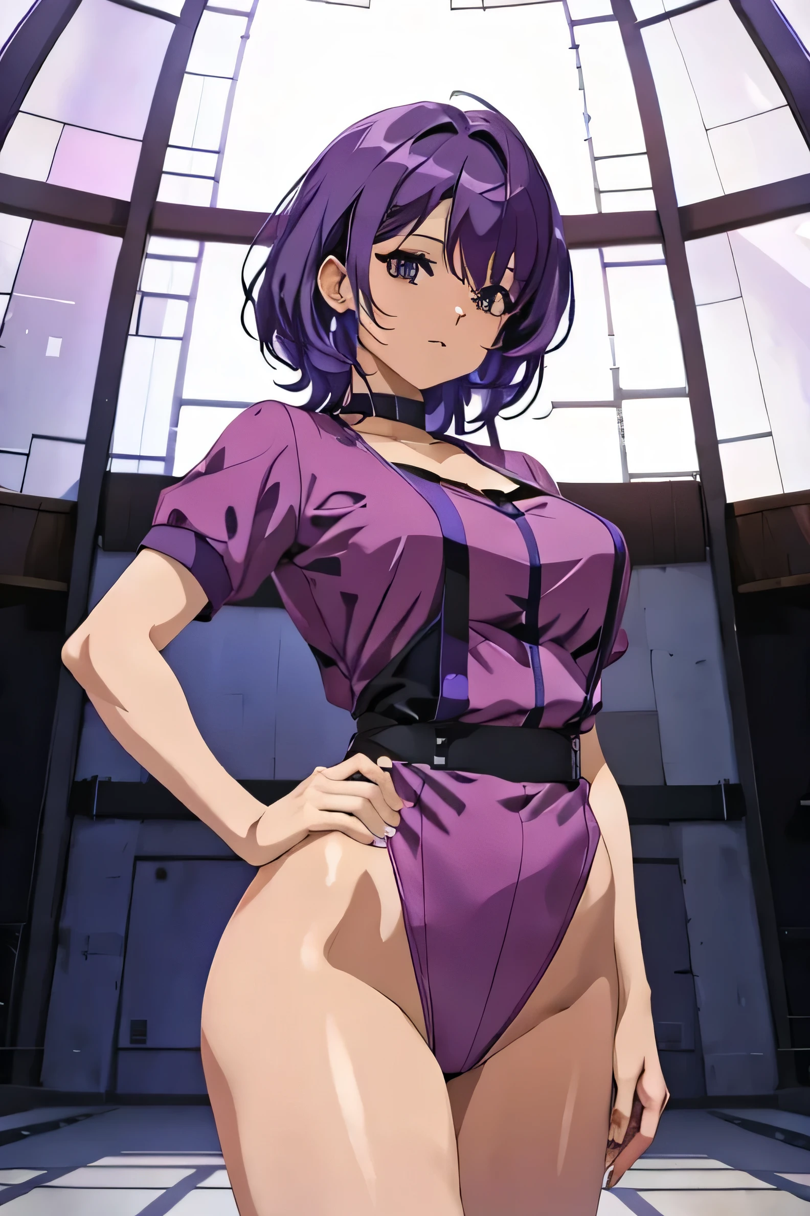 woman, in pose, left hand holding hip, right hand down, HD resolution, purple hair