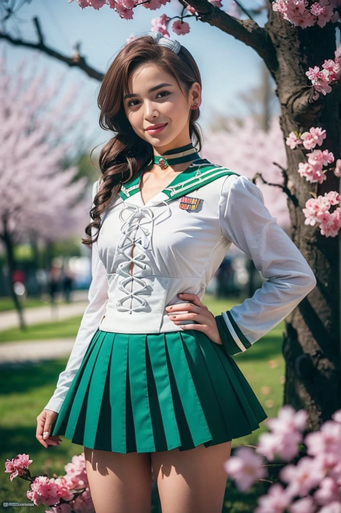 (Full Body Shot:1.7), (masterpiece, Highest quality:1.4),One girl, alone, Ham Jupiter, (Green Eyes), ponytail, (tiara:1.2), jewelry, (Sailor Warrior Uniform:1.5), Green sailor collar, choker, Elbow hand pockets, White gloves, Pink ribbon, brooch, White leotard, Green Skirt, Pleated skirt:1), Beautiful Face, Highly detailed face, Highly detailed eyes, Highly detailed skin, Skin pores, Scattered beneath the surface, Realistic pupils, Mid-chest, Sexy smile, Blush all over face, Fuller lips, Cherry blossom tree background, Scattered beneath the surface, Detailed Background, Depth of written boundary, Volumetric lighting, Sharp focus, Absurd, Realistic proportions, Excellent anatomy, (Realistic, hyperRealistic:1.4), 16k hdr,
