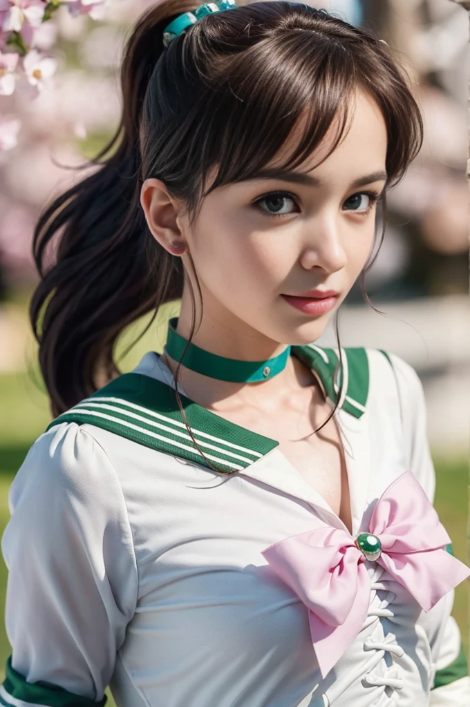 (Full Body Shot:1.7), (masterpiece, Highest quality:1.4),One girl, alone, Ham Jupiter, (Green Eyes), ponytail, (tiara:1.2), jewelry, (Sailor Warrior Uniform:1.5), Green sailor collar, choker, Elbow hand pockets, White gloves, Pink ribbon, brooch, White leotard, Green Skirt, Pleated skirt:1), Beautiful Face, Highly detailed face, Highly detailed eyes, Highly detailed skin, Skin pores, Scattered beneath the surface, Realistic pupils, Mid-chest, Sexy smile, Blush all over face, Fuller lips, Cherry blossom tree background, Scattered beneath the surface, Detailed Background, Depth of written boundary, Volumetric lighting, Sharp focus, Absurd, Realistic proportions, Excellent anatomy, (Realistic, hyperRealistic:1.4), 16k hdr,