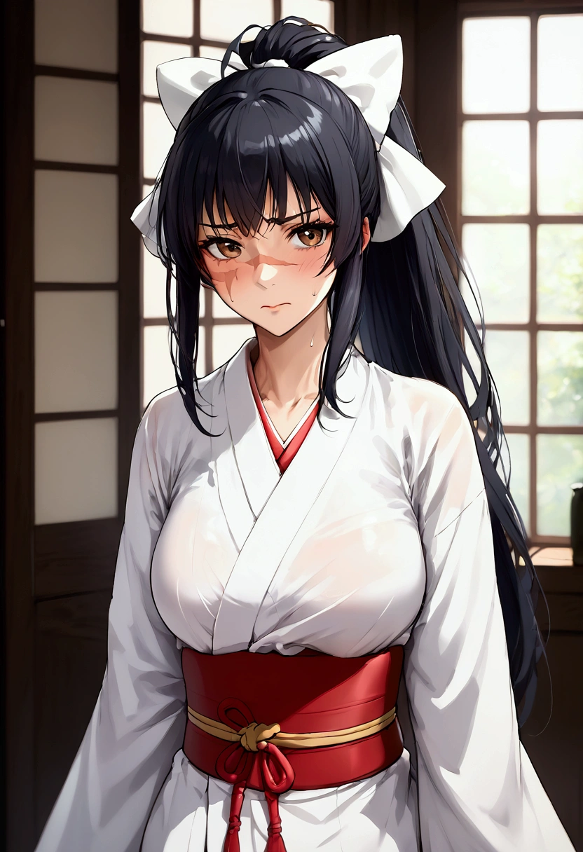 Solo, black hair, long hair, brown eyes, large breasts, narrow waist, hourglass, slim, pov, embarrassed, blushing, japanese clothes, looking at viewer, long hair, closed mouth, ponytail, sbow, kimono, hair bow, white kimono, scar, miko, upper body, white bow,  bangs, ribbon, sweat, bedroom, white ribbon, sidelocks, hair ribbon, scar on face,