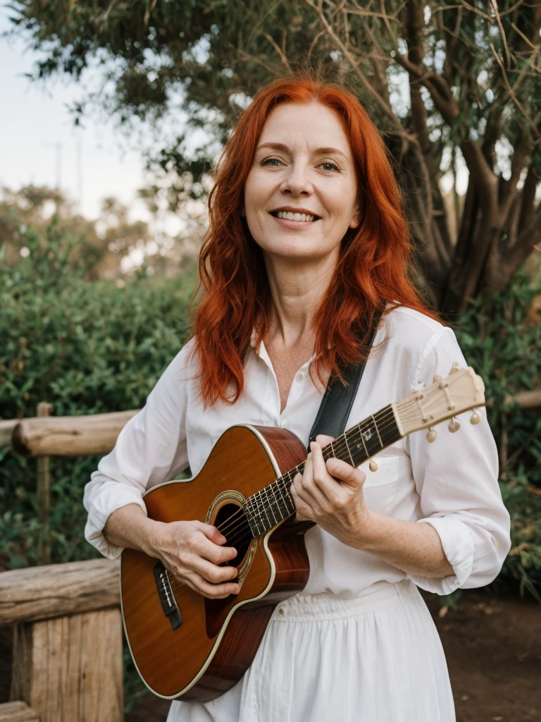 portrait, her name is Mia, high quality, 1 old woman, ((40-year-old guitar shaped body irish woman)), (((40 years old))), wide hips, (wrinkled body), (old body), (((red hair))), (pale skin), ((green eyes)), she is wearing a stylish fashionable generation z clothing different colors, dynamic pose, BREAK, BACKGROUND: outdoor: San Diego Zoo