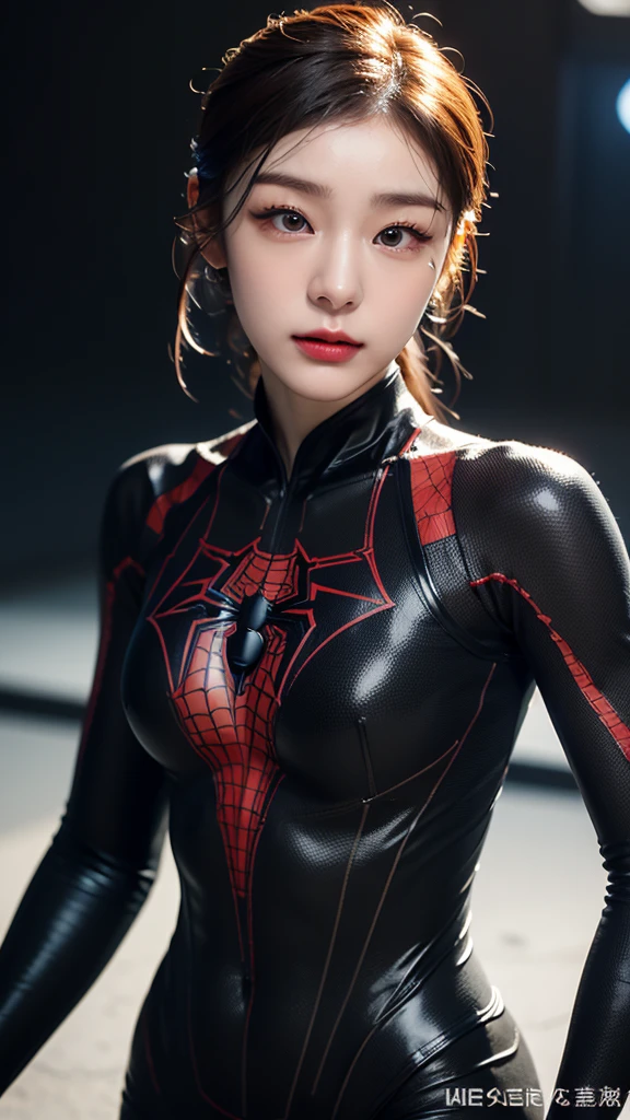 tmasterpiece,1 Chinese girl，realisticlying，8K  UHD，high high quality，in the background bokeh, white and black spider-man suit，Spidey，Clothes wrap around the whole body，Tight clothing，Abs contour，Short black hair，s the perfect face，shining face，Ultra-clear face，Elaborate Eyes，idoly