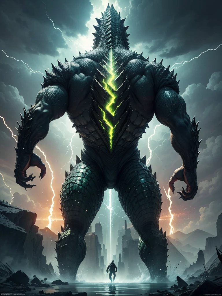 Giant Godzilla, ultra wide angle, watching tiny humans, epic, movie scene, file still, fantasy concept art, (masterpiece, best quality, perfect composition, very aesthetic, absurdres, ultra-detailed, intricate details, Professional, official art, Representative work:1.3)