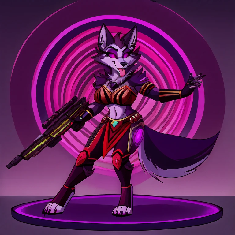 (masterpiece, best quality:1.2), Vortex female hellhound, wolf, furry, helluva boss, hypnotized with glowing purple eyes, tongue out, tribal clothes, wearing futuristic armor, using a Pulse Rifle, Energy Rifle, Futuristic assault rifle, dancing ridiculously