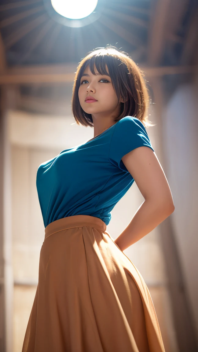 (Highest quality,8k, High resolution, masterpiece:1.2), Very detailed, (Realistic, Realistic, Realistic:1.37), (shoot From below:1.5), Front Angle, (From below :1.4), (Crotch focus:1.2), (Low Angle:1.2), break, beautiful girl, Japanese Girls, 1 girl, Medium Bob Hair, Beautiful light brown hair, glowing light brown eyes, (Fuller lips), Tight waist, Curvaceous figure, Umbilical cord prolapse, blush, Sweat, Bright sunlight, Looking into the camera, ((Blue blouse, Long skirt with spread))