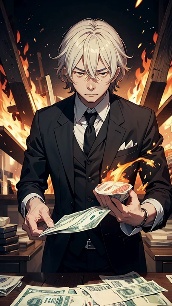 "An image showing burning money and a failed investment scene, with a worried expression on Eiichi Shibusawa's portrait, conveying a sense of financial turmoil."
