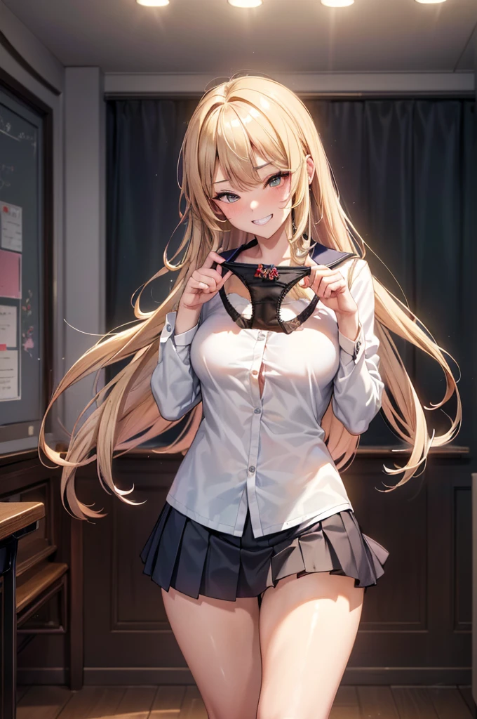 (((masterpiece, Highest quality, High resolution, 超High resolution, Pixel perfect, Written boundary depth, 4K, RTTX10.0))), Beautiful Anime Woman, Beautiful art style, Anime characters, ((Smooth texture, Realistic texture, Anime CG style)), Exact finger count、Exact number of legs、(Exact number of arms:1.0, Exact number of hands:1.0), (Perfect hands, Perfect Anatomy), Cinematic, Realistic, Highly detailed CG, Daytime lighting, Perfect lighting, Best Shadow, The best natural light, whole body, Perfect body, (Slender body:1.2), whole body, ((bangs, Blonde, Stylish and cute long hair)), ((Cute woman shows off panties in her hands:1.3)), (Fashionable white shirt, Sailor collar, loafers, Navy pleated mini skirt:1.3), ((Sexy black panties)), (Beautiful and very large breasts:1.1), (Beautiful thighs:1.3), Short torso, Feeling embarrassed, (blush:1.2), (grin:1.4), (In the school classroom:1.3), Angle from the front