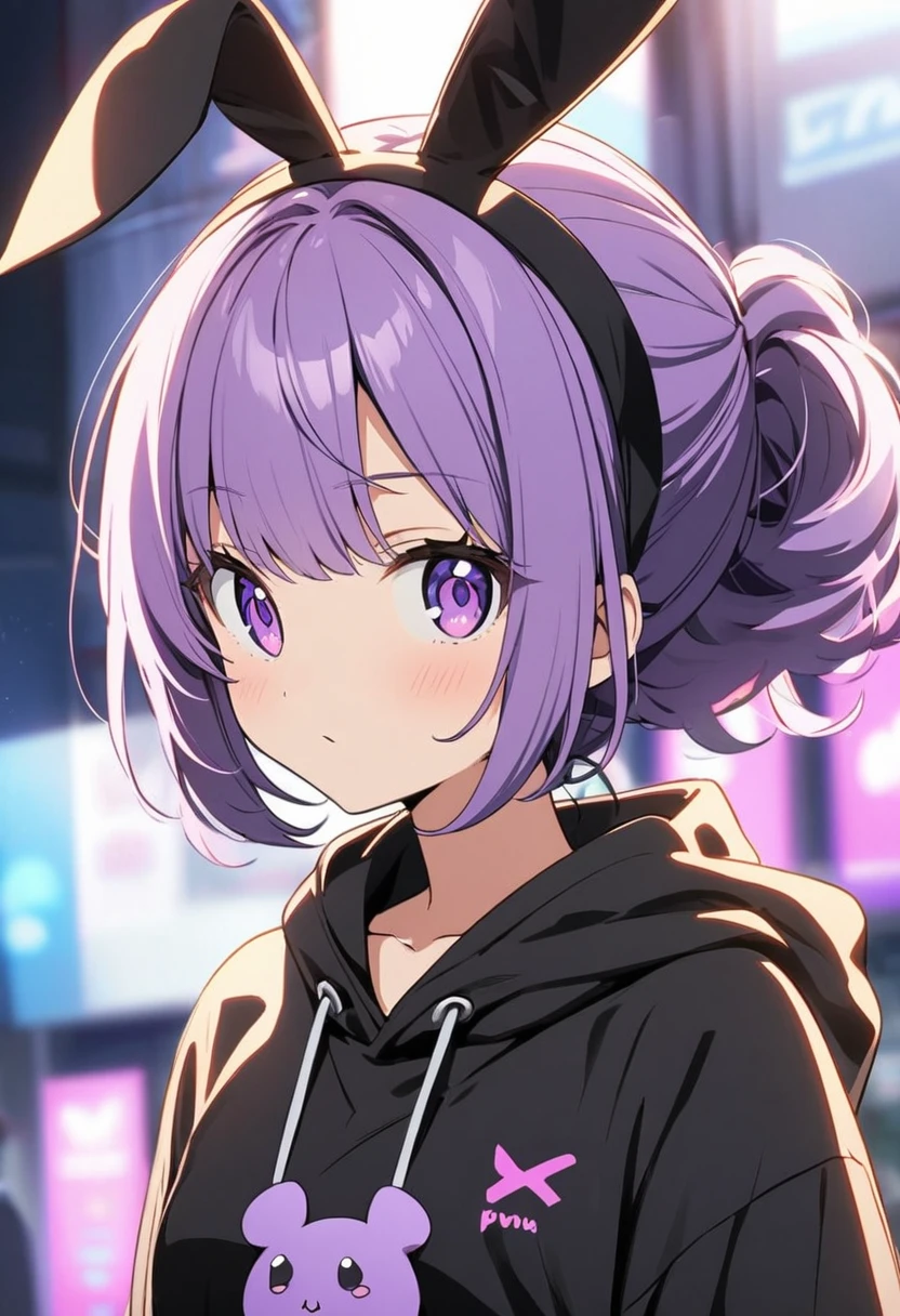 anime girl in black sweatshirt with short purple hair, with big purple bunny ears and purple eyes