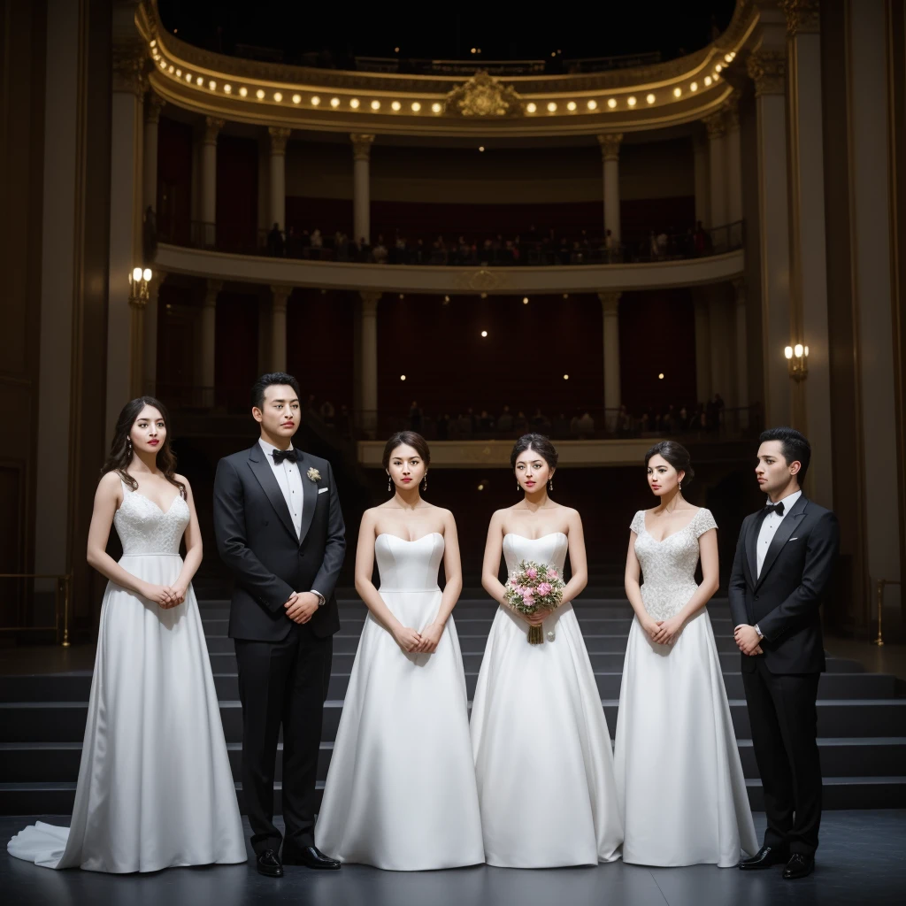 Three men and three women are standing on the opera stage, the three men are wearing black suits and the three women are wearing elegant long white dresses, realistic photo