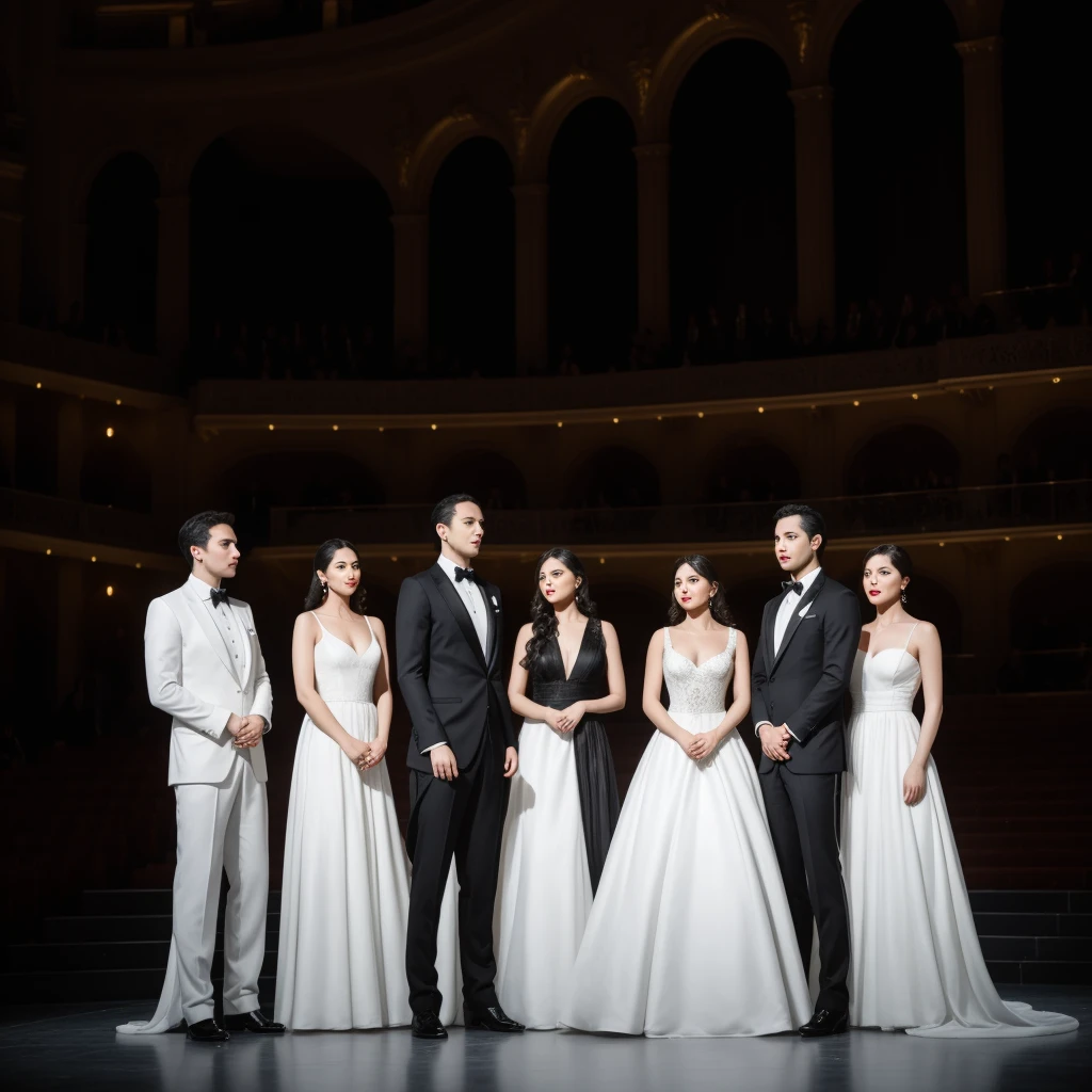 Three men and three women are standing on the opera stage, the three men are wearing black suits and the three women are wearing elegant long white dresses, realistic photo