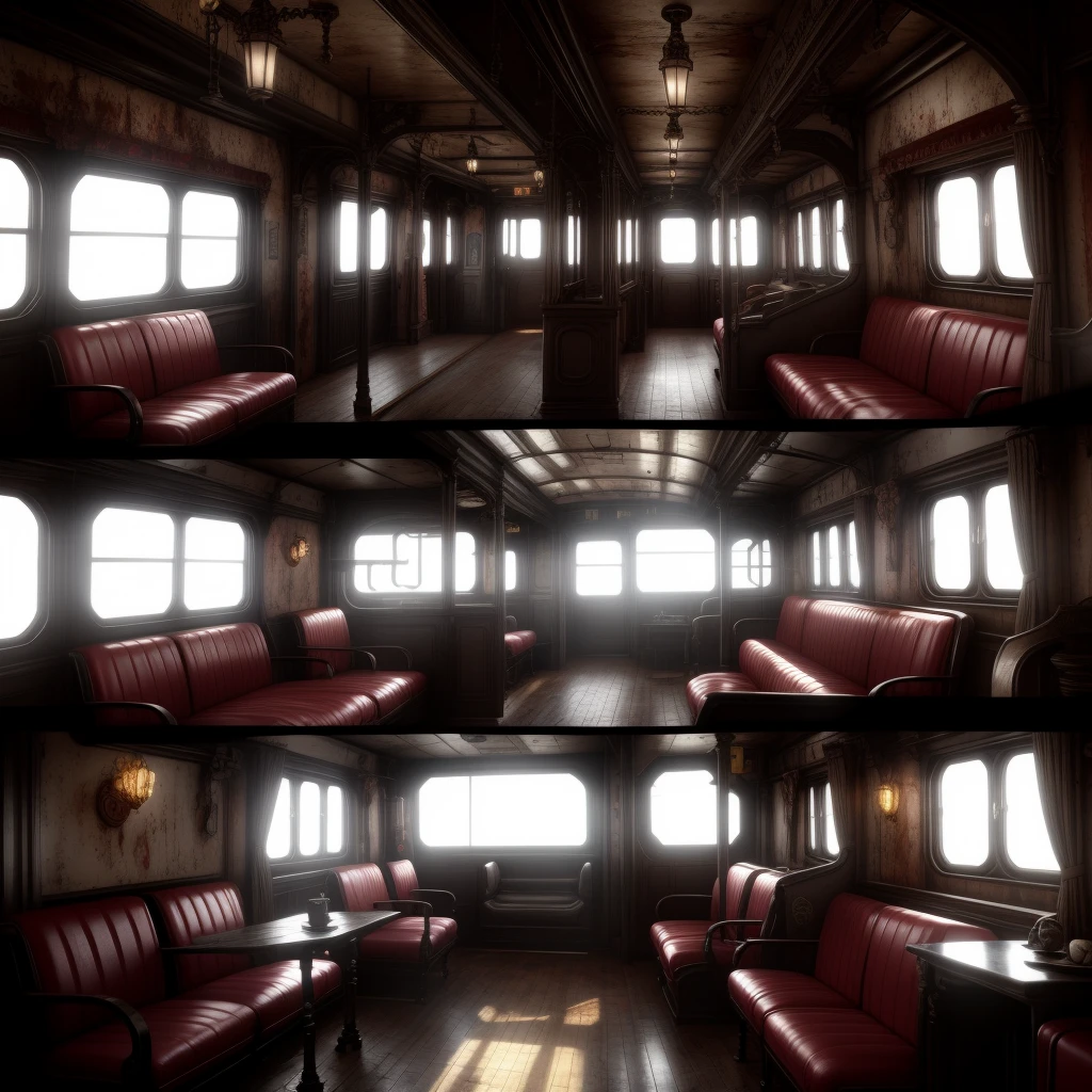 Hyper Realistic old interior train in 1angle shoot, seat steampunk, fog environment, Fantasy Art, Photorealistic, Dynamic Lighting, Artstation, graffiti on the wall, horror, mystery, Highly Detailed, 4K, Award Winning, bloody