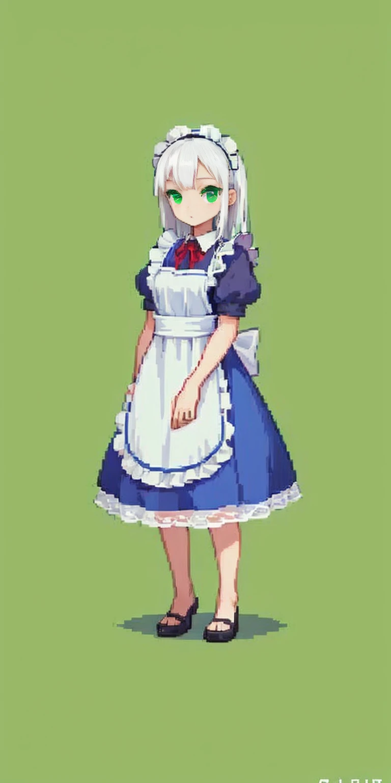 (masterpiece, top quality, best quality) pixel art, 1girl full body toe to head, white hair, green eyes, blue maid dress