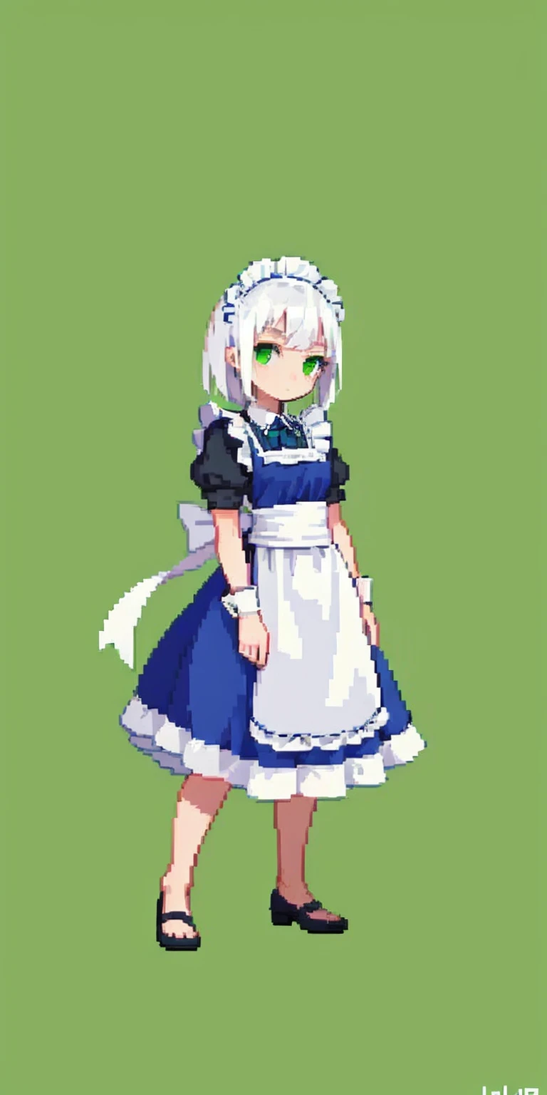 (masterpiece, top quality, best quality) pixel art, 1girl full body toe to head, white hair, green eyes, blue maid dress