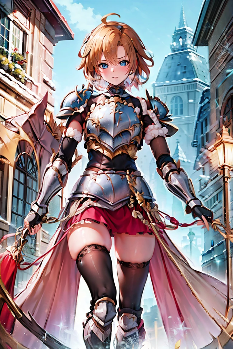 1girl,solo,　gauntlets, armored boots,breastplate, pauldrons, shoulder armor, armor, center loincloth, thighhighs, dare thighs, short hair, pink hair, blue eyes, adult, adult face, fearless face, waist showgirl skirt, 