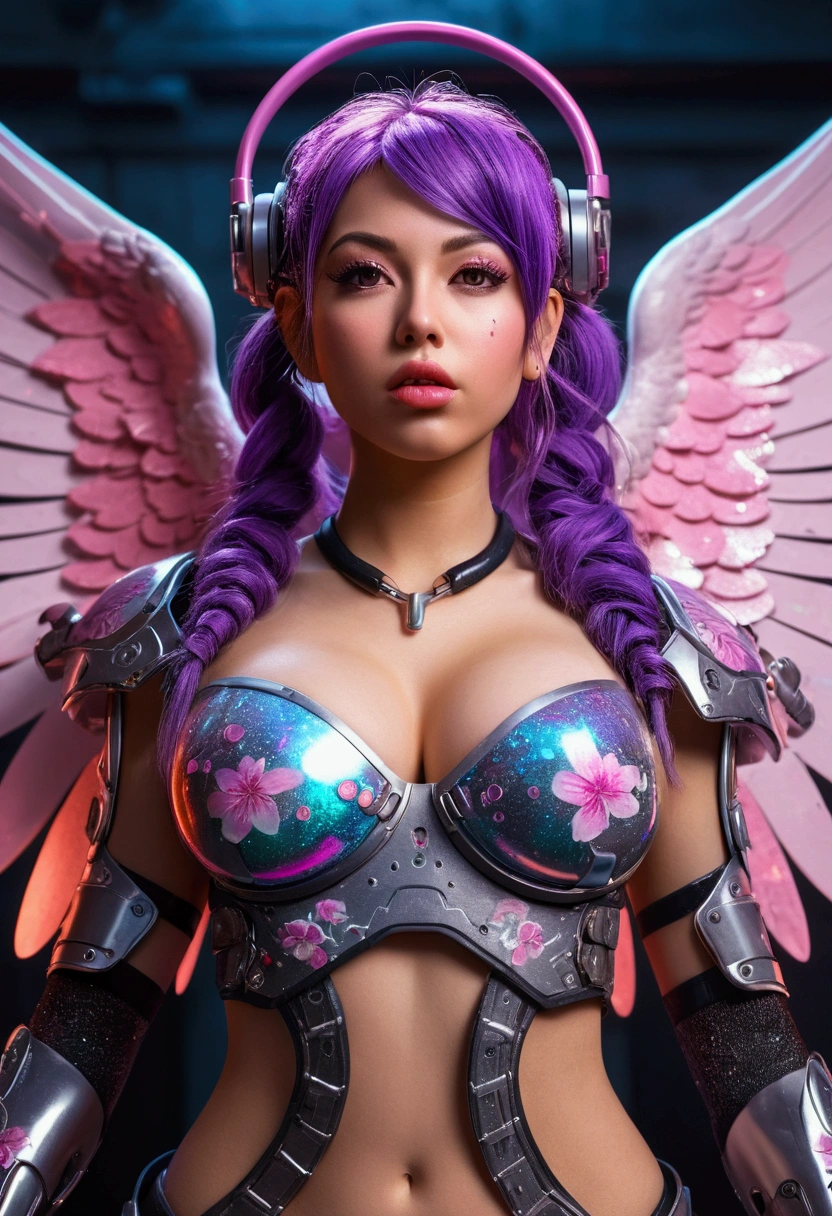 PERFECT MASTERPIECE, EXTREMELY DETAILED CG UNITY 8K UHD QUALITY RESOLUTION WALLPAPER, PHOTOREALISTIC, RAW PHOTO, AWARD-WINNING PORTRAIT, OFFICIAL ART, PROFESSIONAL CINEMATIC LIGHTING, UNREAL ENGINE 5.8K, OCTANE RENDERING, The most beautiful and sexy cyberpunk girl, very long purple hair in pigtails, vibrant glowing moonlight eyes, long detailed eyelashes, blushing, full pouting pink lips, curvy body type, full hips, super huge enormously gigantic , cleavage showing, gigantic bursting out of her outfit, tons of tattoo's, wearing detailed futuristic cyberpunk battle armor, holographic angel wings, holographic halo, arching her back in a sexy seductive slutty pose, looking at the viewer, close up pov camera view from below, sexy seductive slutty facial expression, cherry blossoms blowing in the wind, psychedelic cosmic atmospheric graffiti paint drip splattered background