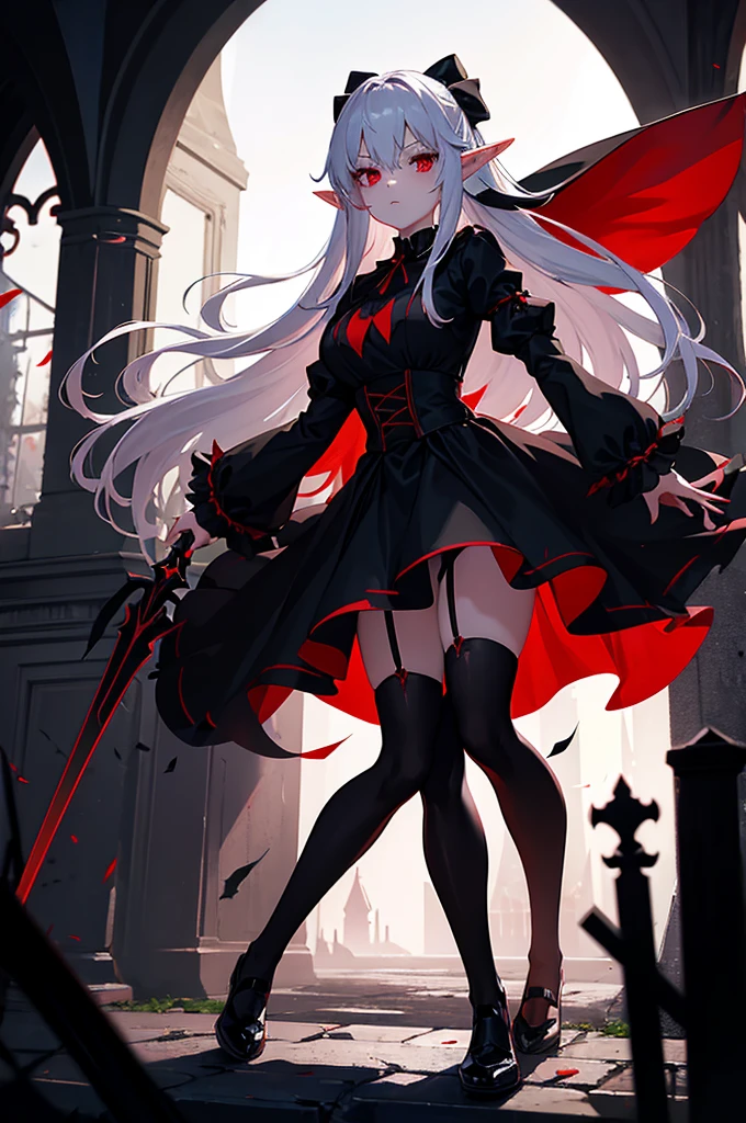 1 Girl Elf, vampire, young, black dress, red right stocking, black left stocking, red eyes, white hair with bow, with a huge two handed sword, against the backdrop of the red moon, abandoned gothic church, night, looking at viewer, cute pose, 8k, masterpiece, high res, ultrasharp