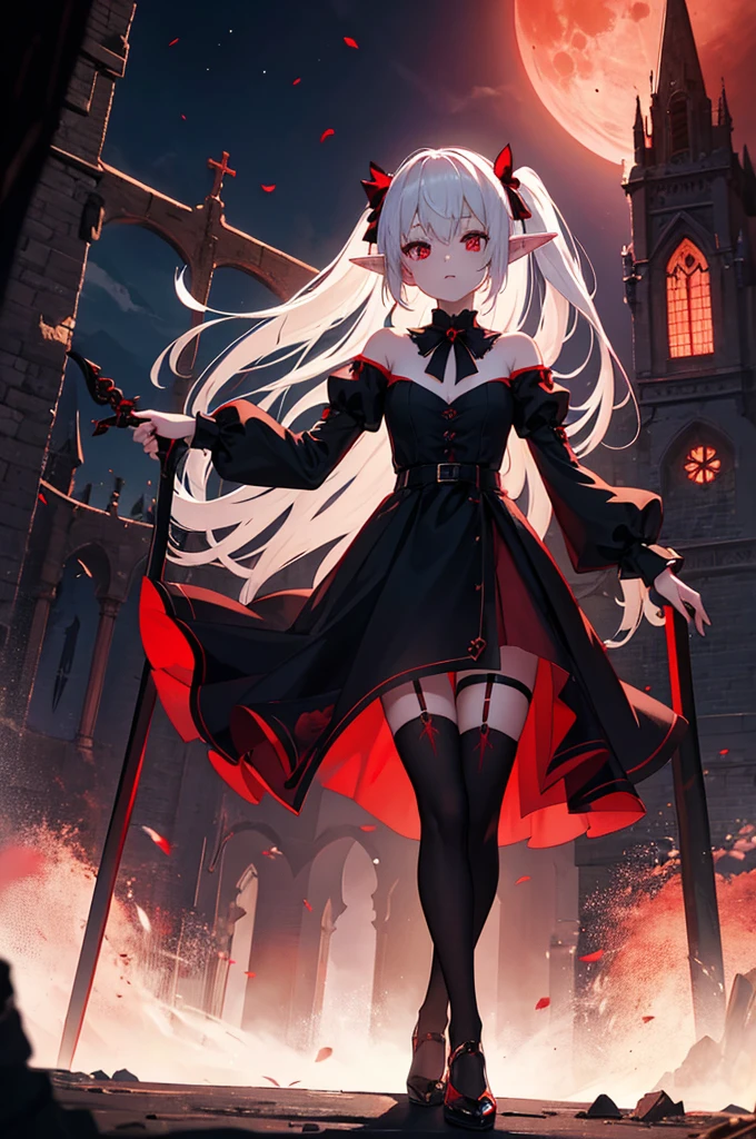 1 Girl Elf, vampire, young, black dress, red right stocking, black left stocking, red eyes, white hair with bow, with a huge two handed sword, against the backdrop of the red moon, abandoned gothic church, night, looking at viewer, cute pose, 8k, masterpiece, high res, ultrasharp