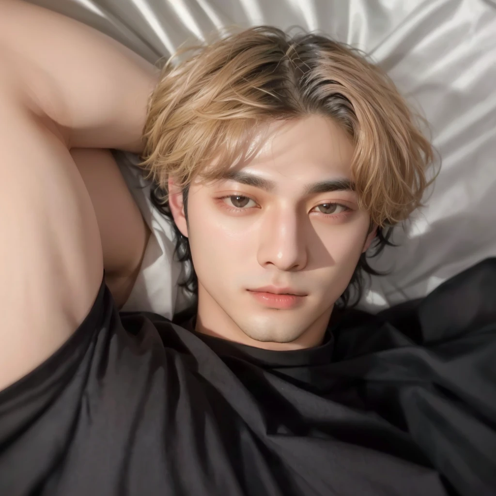 Arafed image of a black haired man lying in bed with his head in his hands., kpop idol kim taehyung, retrato de taehyung de bts , inspired by taehyung, Inspired by taehyung from bts , realisitic. taehyung, in, bts, Bblack hair.