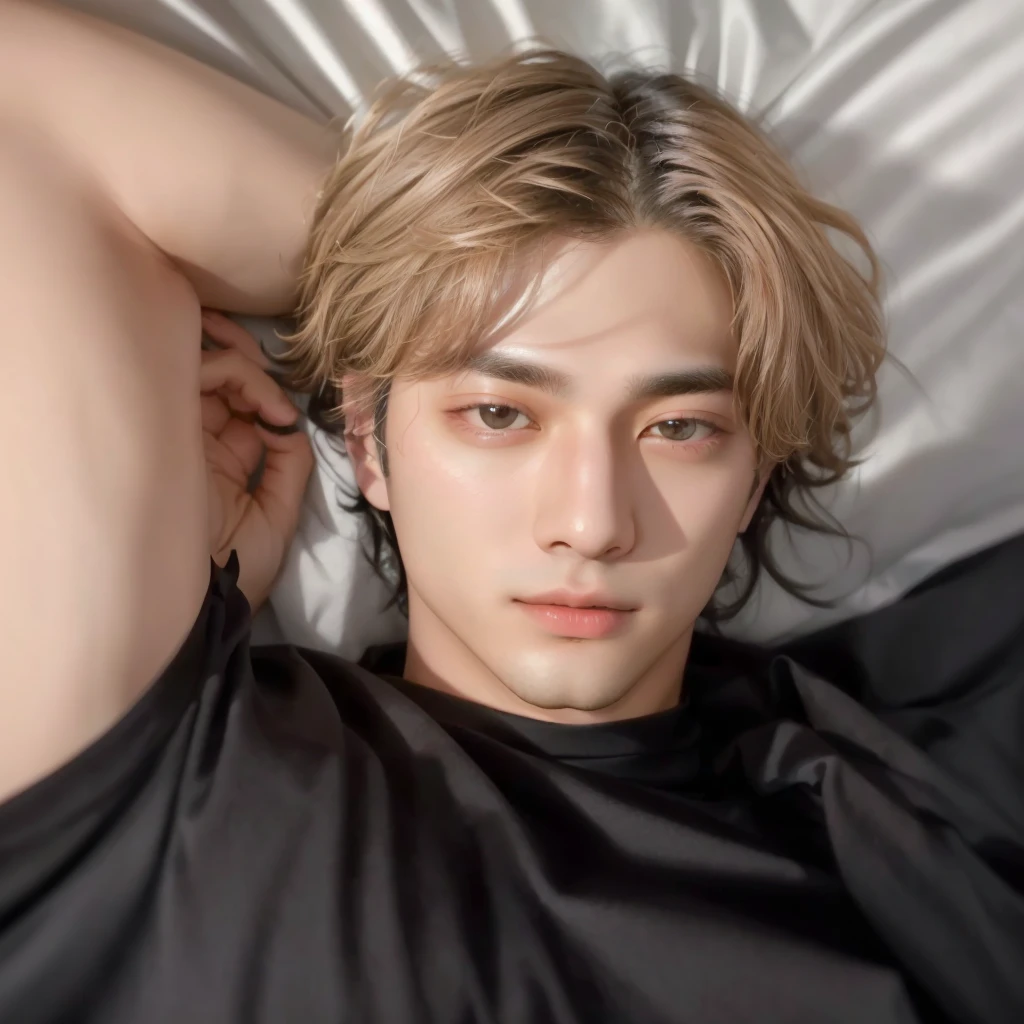 Arafed image of a black haired man lying in bed with his head in his hands., kpop idol kim taehyung, retrato de taehyung de bts , inspired by taehyung, Inspired by taehyung from bts , realisitic. taehyung, in, bts, Bblack hair.