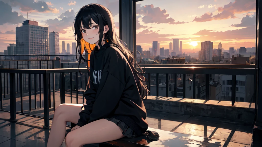 The painting is a masterpiece of art, with a level of quality that is unparalleled. It is a work of absurdity, yet it is executed with meticulous attention to detail in the background. The artist has created a scene that invites the viewer to engage with the central figure.
The character is depicted in the open air, sitting in a cityscape during a sunset. Their upper body is exposed, revealing a sense of vulnerability and intimacy. The figure's small breasts are delicately rendered, their skin glistening with a sheen that adds to the overall sense of vitality. The skin tone is pale, creating a contrast with the vibrant hues of the sunset.
Their hair is long and wavy, framing their face in a natural manner. The bangs add a touch of femininity, while the black hair is lustrous and healthy. The figure is bare-legged, wearing a sweatshirt that contrasts with the skirt they are wearing. A slight smile plays on their lips, adding a touch of mystery and allure.