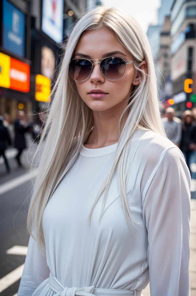 White hair, White hair, glowing hair, Detailed hair, Messy hair, Blue Eyes, beautidful eyes, extremely detailed eyes and face, Beautiful detailed eyes, Ultra-detailed, light on the face, Fair skin, a 18 year old girl, Arafe(Arafe) Swedish female model walking down a busy city street in a dress......, Fashion model ratio, model poses, sunglasses that shed tears, digital art, In Paris, standing in paris, Street photography in 4x5 style, Street Photography, street photography style, Filmed with Hasselblad, Filmed in Hasselblad, ((Anamorphic lenses)), (lens flares), chanel advertising, In Times Square, Street Photography, Street Photography, kodak 400tx, mesmerizing, (Low Key),