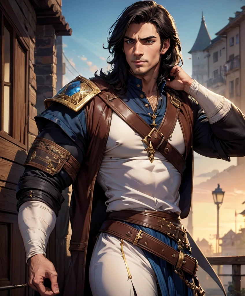 score_9, score_8_up, score_8,  (((Single character image.))) (((1boy))) (((Dressed in medieval fantasy attire.)))     (((This character is very sexy and dashing.))) Generate a daring, thrilling swashbuckler with a charm and style that is irresistible.  This is a character designed for a swashbuckler setting, near an exciting port town inhabited by dangerous thugs and other criminals.  He should be dashing, attractive and a charming and daring adventurer.  He wears stylish swashbuckler fashion with dark hair, dark features and a muscular build. (((Background of the image is the medieval style port town.))) (masterpiece, top quality, best quality, official art, beautiful and aesthetic:1.2), extreme detailed,  colorful, highest detailed,  best quality:1.0,hyperealistic:1.0,photorealistic:1.0,madly detailed CG unity 8k wallpaper:1.0,masterpiece:1.3,madly detailed photo:1.2, hyper-realistic lifelike texture:1.4, picture-perfect:1.0,8k, HQ,best quality:1.0, 