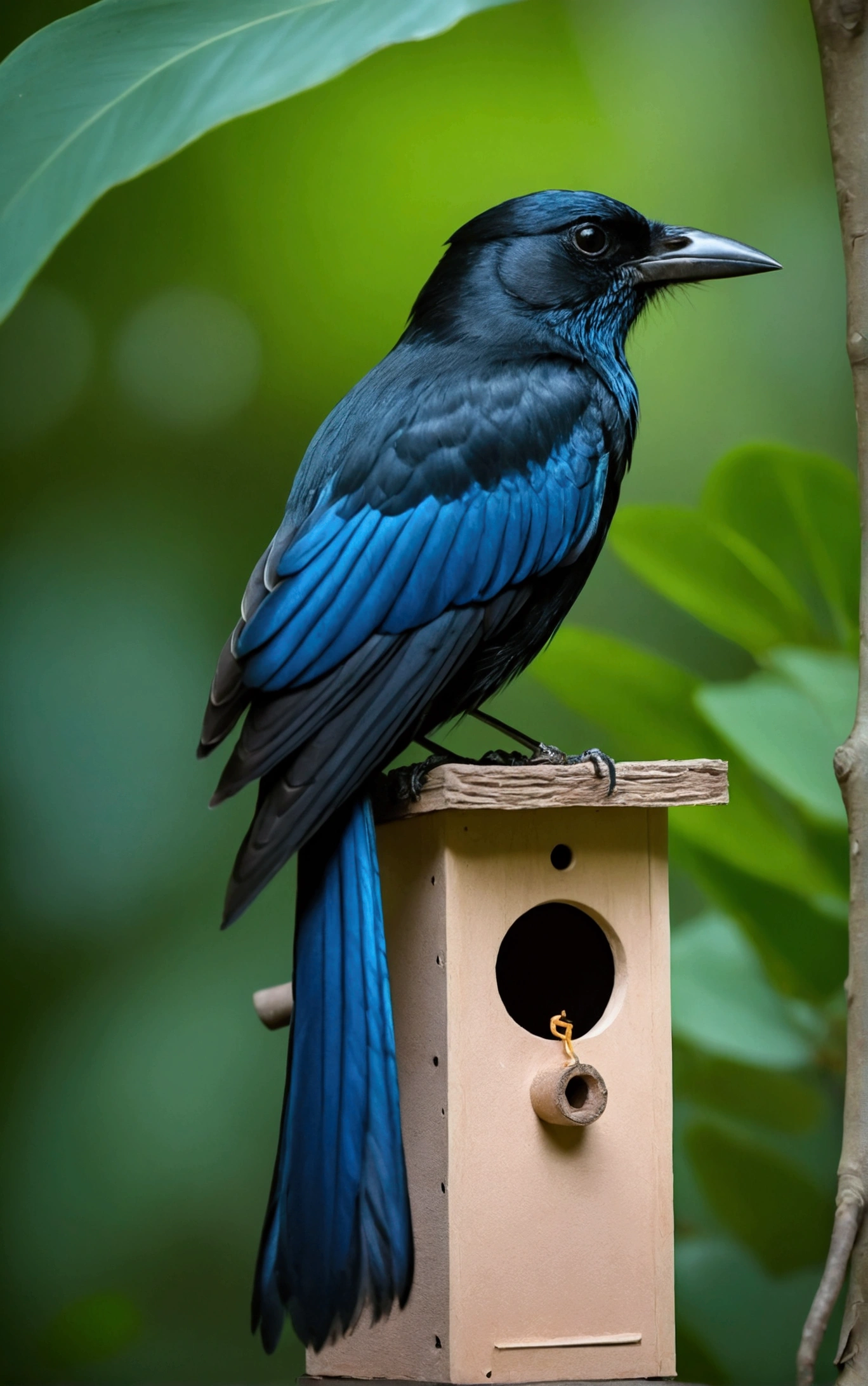 there is a large purple black bird, with stripes in a birdhouse with a tail, rare bird in the jungle, long tail, very beautiful and elegant, beautiful and elegant, long and elegant tail, captured on canon eos r 6, long tail, beautiful and graceful, long tails, by Sudip Roy, mischievous look, sitting on a curly branch, high quality nature photography