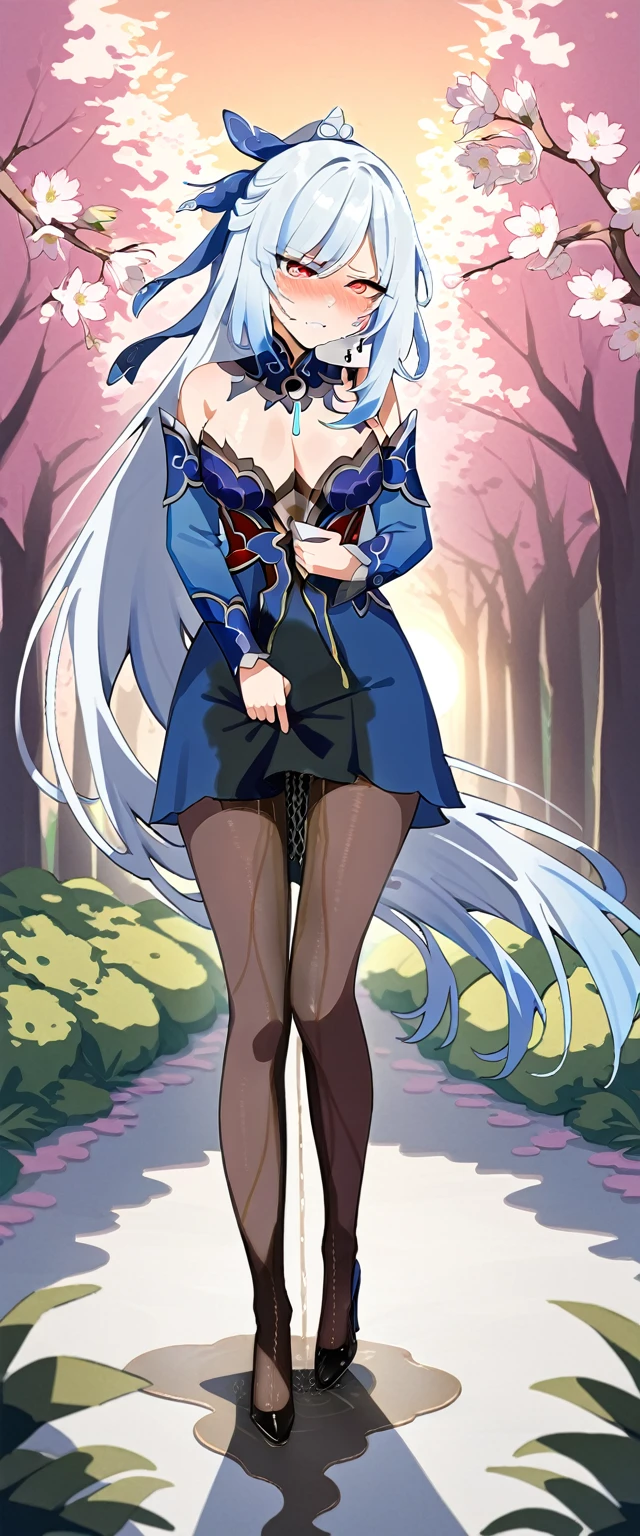 (masterpiece:1.37), best quality, (extremely detailed:1.37), (1girl:1.5), woman, (mature:1.5), (adult:1.5), jingliu, white hair, long hair, ponytail, hair ribbon, red eyes, earrings, jewelry, business suit, necktie, very long pencil skirt, pantyhose, (extremely detailed eyes:1.37), (wetting self:1.5), desperation, standing, embarrassed, humiliation, blushing, angry, cherry blossoms, garden, (golden hour:1.5), full body