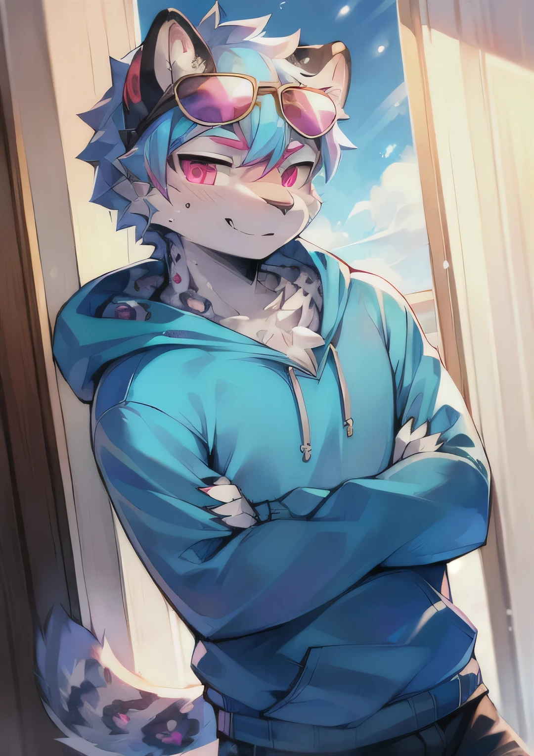 Snow leopard, anthro, male, blue hoodie, sunglasses, pink eyes, sunny day, hands inside hoodie