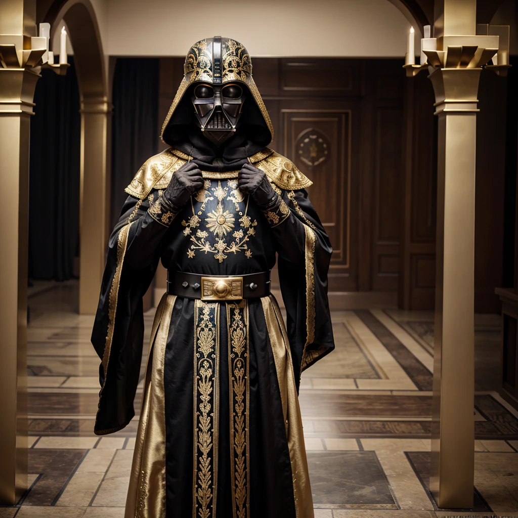 Portray Darth Vader, iconic character from Star Wars, in traditional Russian clothes. Instead of his usual black suit, let him be dressed in a rich Russian caftan, decorated with intricate patterns and gold embroidery. His helmet and other elements of his costume may remain, but with the addition of Russian decorative elements and ornaments. The background can be a castle or a winter landscape, to emphasize the Russian style."