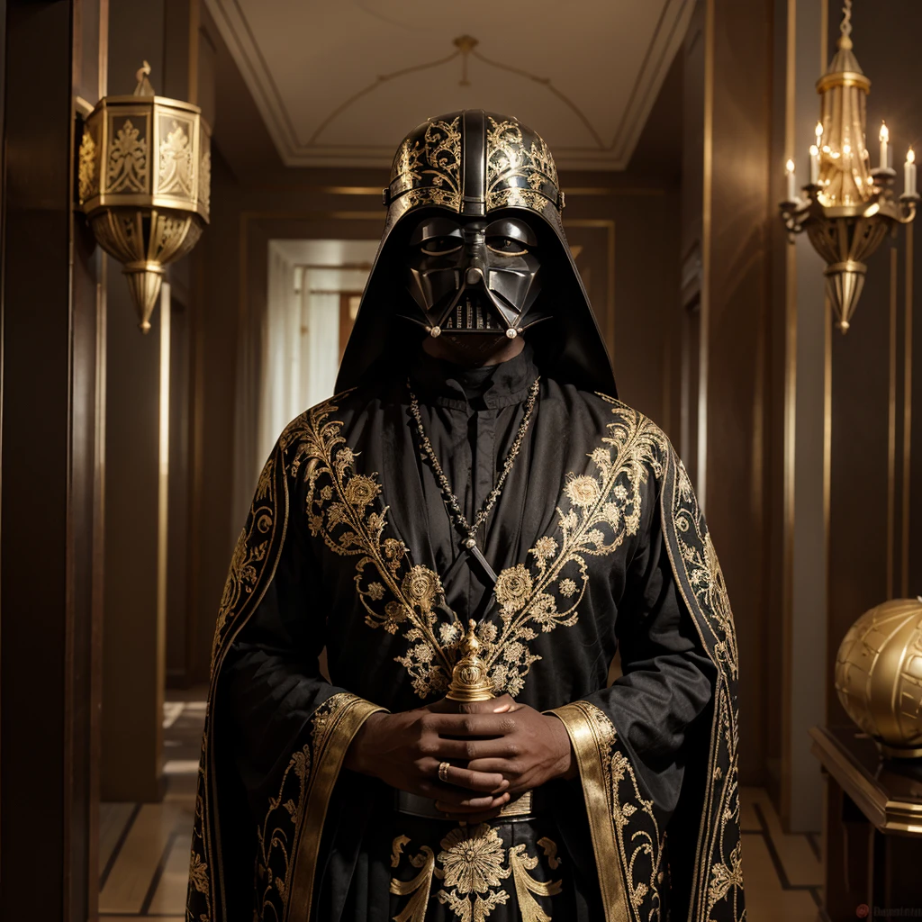 Portray Darth Vader, iconic character from Star Wars, in traditional Russian clothes. Instead of his usual black suit, let him be dressed in a rich Russian caftan, decorated with intricate patterns and gold embroidery. His helmet and other elements of his costume may remain, but with the addition of Russian decorative elements and ornaments. The background can be a castle or a winter landscape, to emphasize the Russian style."