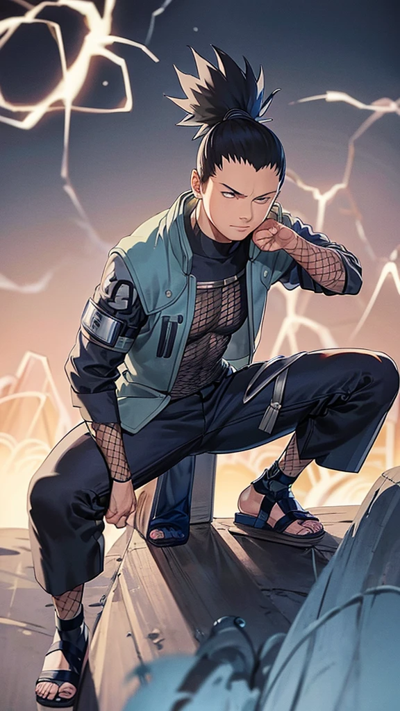 In the manga series "NARUTO" a man named "Sikamaru" with his trademark hairstyle tied back, is squatting on a tower and holding a long katana. The character wears a gray jacket with rolled up sleeves, a mesh undershirt, and dark pants. There are blue details on the jacket, including a circular Konaha symbol on the left sleeve. The shoes worn are similar to open-toed sandals. with 4k HDR quality, with a cyberpunk city background,,