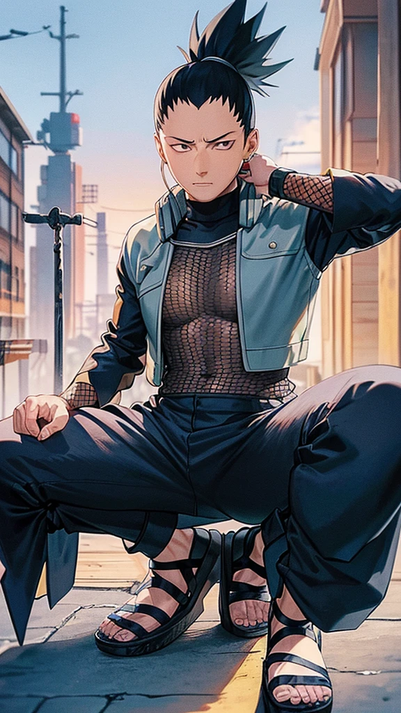 In the manga series "NARUTO" a man named "Sikamaru" with his trademark hairstyle tied back, is squatting on a tower and holding a long katana. The character wears a gray jacket with rolled up sleeves, a mesh undershirt, and dark pants. There are blue details on the jacket, including a circular Konaha symbol on the left sleeve. The shoes worn are similar to open-toed sandals. with 4k HDR quality, with a cyberpunk city background,,