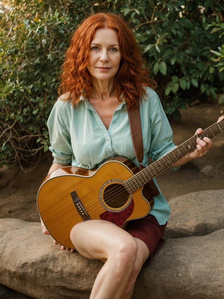 portrait, her name is Mia, high quality, 1 old woman, ((40-year-old guitar shaped body irish woman)), (((40 years old))), wide hips, (wrinkled body), (old body), (((red hair))), (pale skin), ((green eyes)), she is wearing tan safari romper, dynamic pose, BREAK, BACKGROUND: outdoor: San Diego Zoo