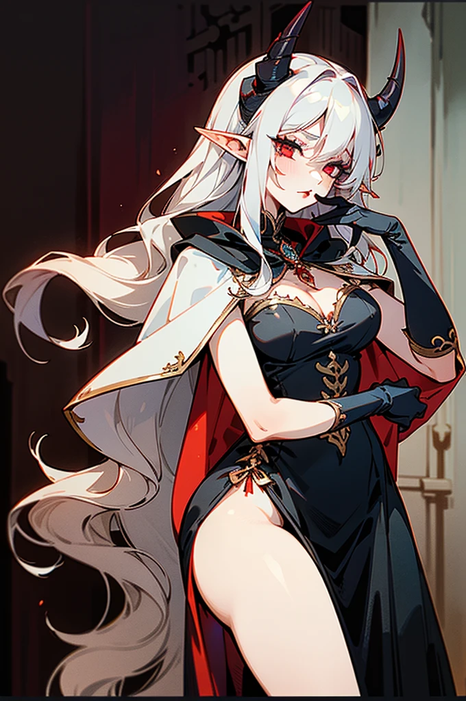 1girl, thirty years old, monster woman, little black horns, solo, medieval tavern, extremely seductive, mature, deep red eyes, short wavy hair, [White hair], elf ears, delicate skin, lipstick, makeup, mature female, dark dress with cape, black dress, embroidery, mystic atmosphere, masterpiece, best quality, 8K, luth instrument