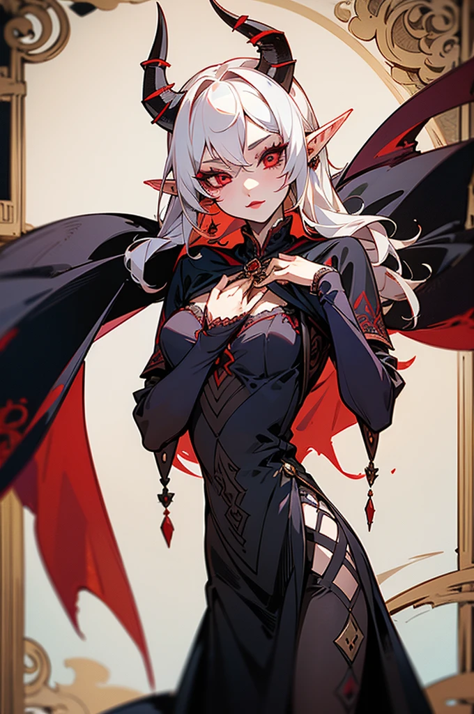 1girl, thirty years old, monster woman, little black horns, solo, medieval tavern, extremely seductive, mature, deep red eyes, short wavy hair, [White hair], elf ears, delicate skin, lipstick, makeup, mature female, dark dress with cape, black dress, embroidery, mystic atmosphere, masterpiece, best quality, 8K, luth instrument