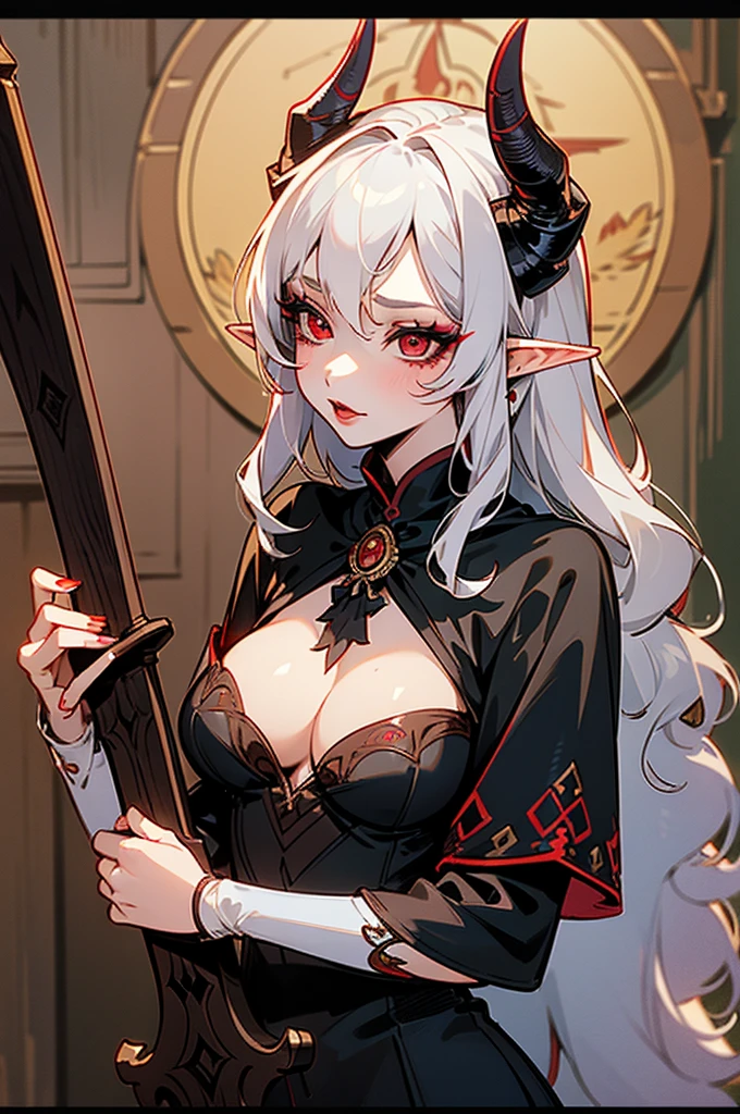 1girl, thirty years old, monster woman, little black horns, solo, medieval tavern, extremely seductive, mature, deep red eyes, short wavy hair, [White hair], elf ears, delicate skin, lipstick, makeup, mature female, dark dress with cape, black dress, embroidery, mystic atmosphere, masterpiece, best quality, 8K, luth instrument