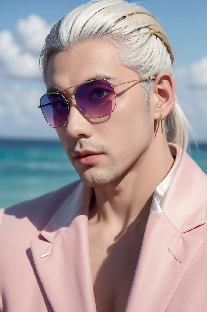 masterpiece，Adult male，Off-white hair，Slicked back，Eyes as blue as the sky，Pink sunglasses，Pink suit，Gold round earrings，brave