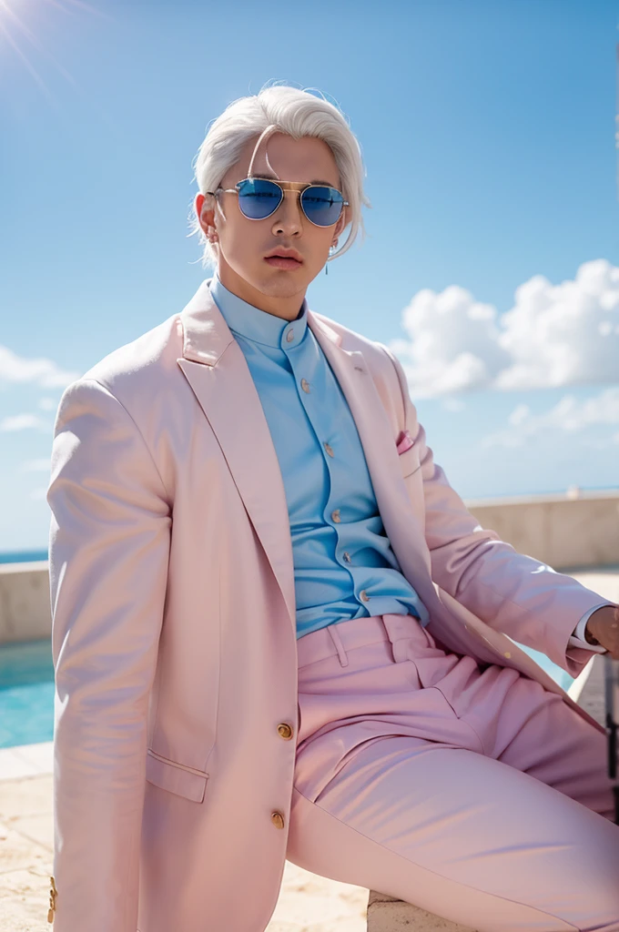 masterpiece，Adult male，Off-white hair，Slicked back，Eyes as blue as the sky，Pink sunglasses，Pink suit，Gold round earrings，brave