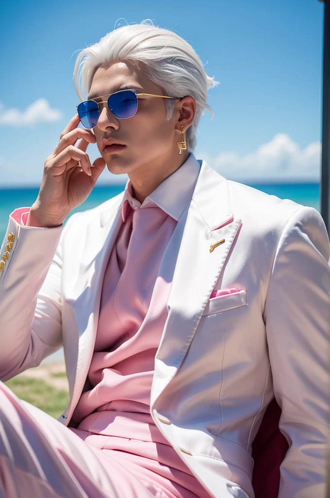 masterpiece，Adult male，Off-white hair，Slicked back，Eyes as blue as the sky，Pink sunglasses，Pink suit，Gold round earrings，brave