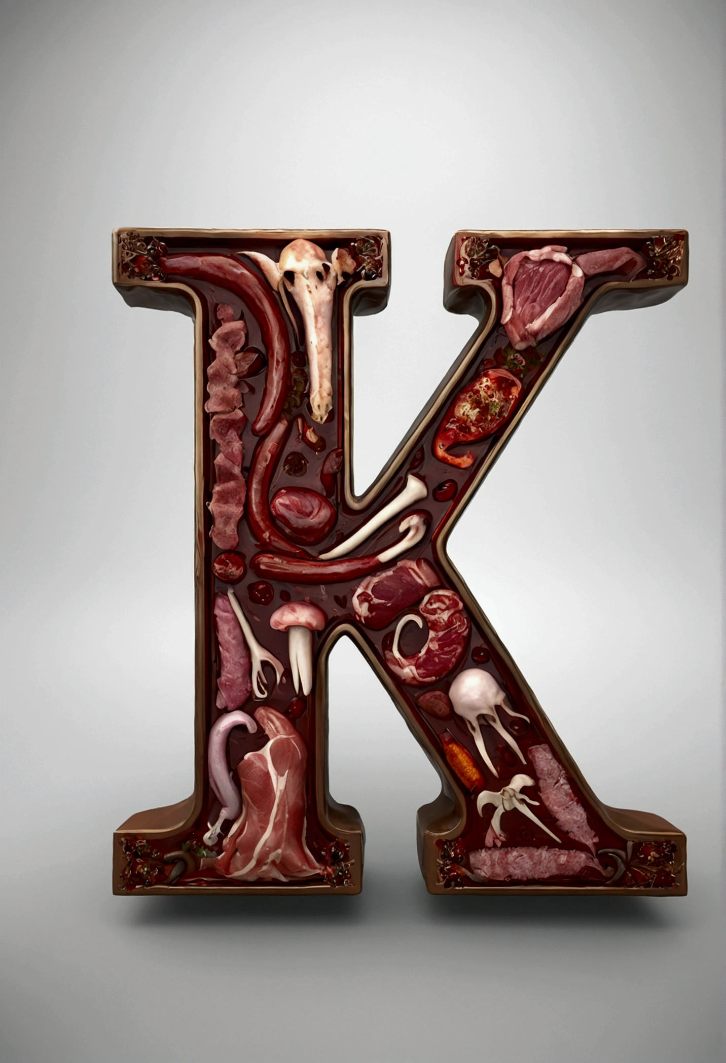 LETTER "K" MADE BY FLESH, MEAT, BONES OR ORGANS, 3D MODEL, ELEGANT, REALIST, ADD  A LOT OF  BLOOD