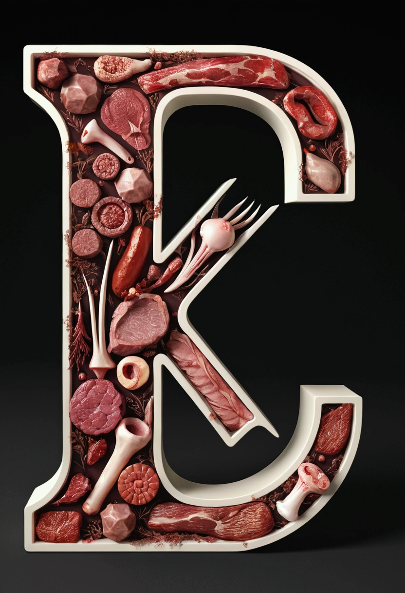 LETTER "K" MADE BY FLESH, MEAT, BONES OR ORGANS, 3D MODEL, ELEGANT, REALIST, ADD  A LOT OF  BLOOD