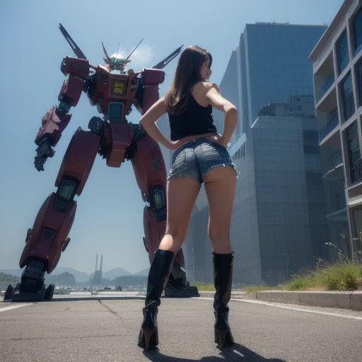 a photo of a beautiful woman wearing daisy dukes, posing bent over on a mecha, hd shot, perfect movie shot, waist - shot from behind, full scene shot, badass pose, robot mecha