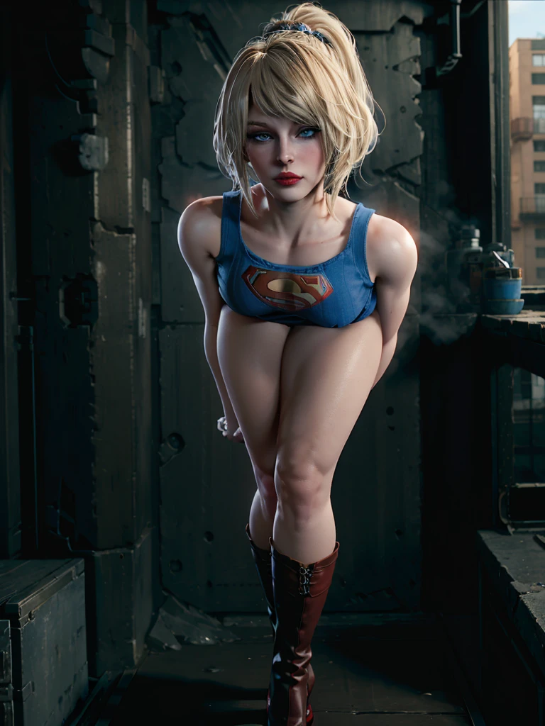 4k, realistic, charismatic, very detailed, there is a girl in the sky, dressed in a super girl costume, she is a super girl, superhero theme, blonde short hair, ponytail, 22 years, full body, (detail in the eyes), (detail in the face), incredibly beautiful, blue eyes, blush, makeup, red lipstick, miniskirt, (wide hips), (thick thighs), small breasts, dress,, seductive pose, (extreme hourglass figure), thin, svelte, white skirt, boots, tight t-shirt
