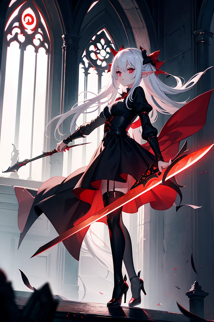 1 Girl Elf, vampire, young, black dress, red right stocking, black left stocking, red eyes, white hair with bow, with a huge two handed sword, against the backdrop of the red moon, abandoned gothic church, night, looking at viewer, cute pose, 8k, masterpiece, high res, ultrasharp